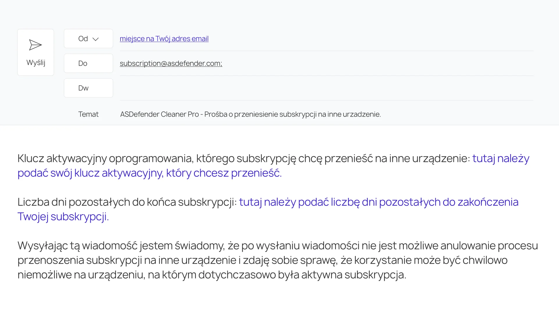 ASDefender - Szablon wiadomości w celu przeniesienia subskrypcji na inne urządzenie.